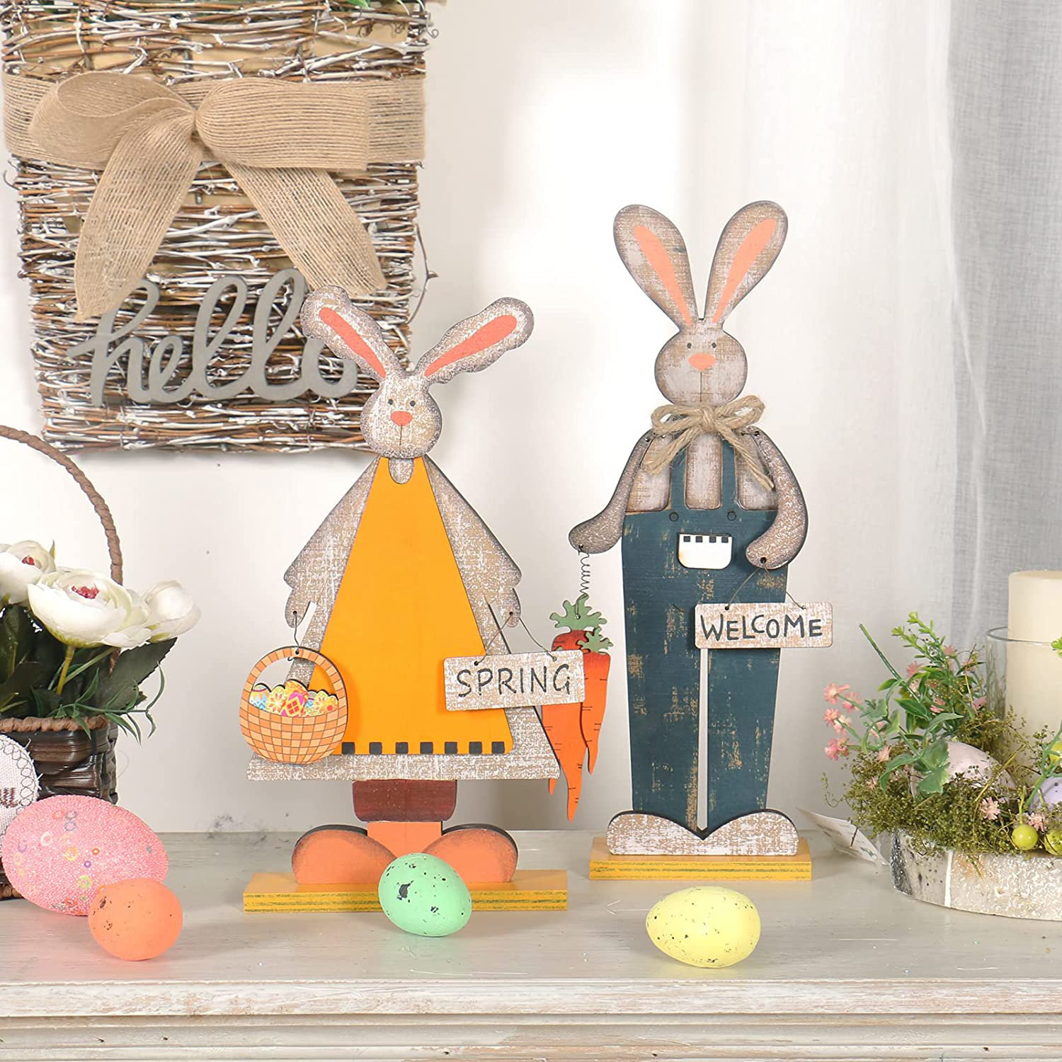 2 Pack Easter outlets Bunny Table Décor Easter Rabbit Tabletop Wooden Signs Hand